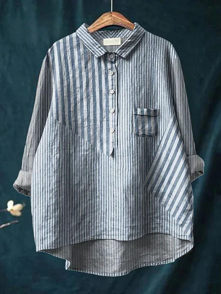 Chemise décontractée pour femme en coton et lin imprimé à rayures 