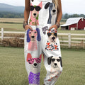 Women's  Funny Dog Art Print Casual 100% Cotton Wide Leg Jumpsuit