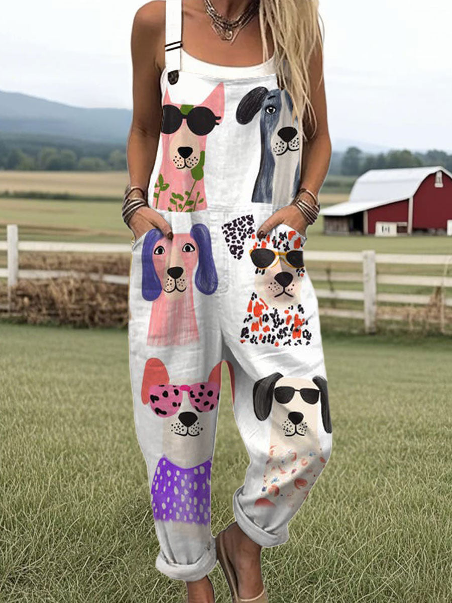 Women's  Funny Dog Art Print Casual 100% Cotton Wide Leg Jumpsuit