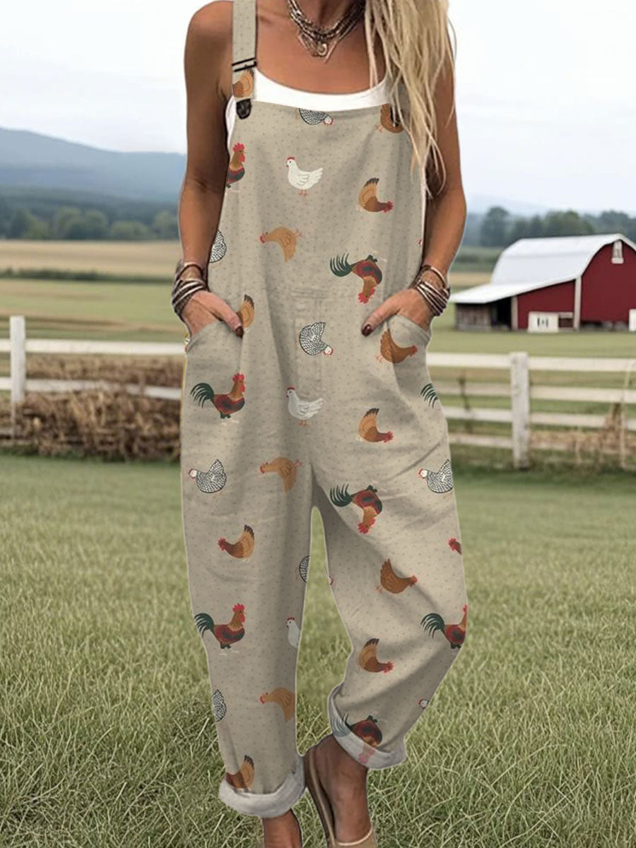 Women's Farm  Funny  Chick Art  Print Casual 100% Cotton Wide Leg Jumpsuit