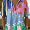 Women's Retro Color-block Artistic Print Cotton-linen Short-sleeve Shirt
