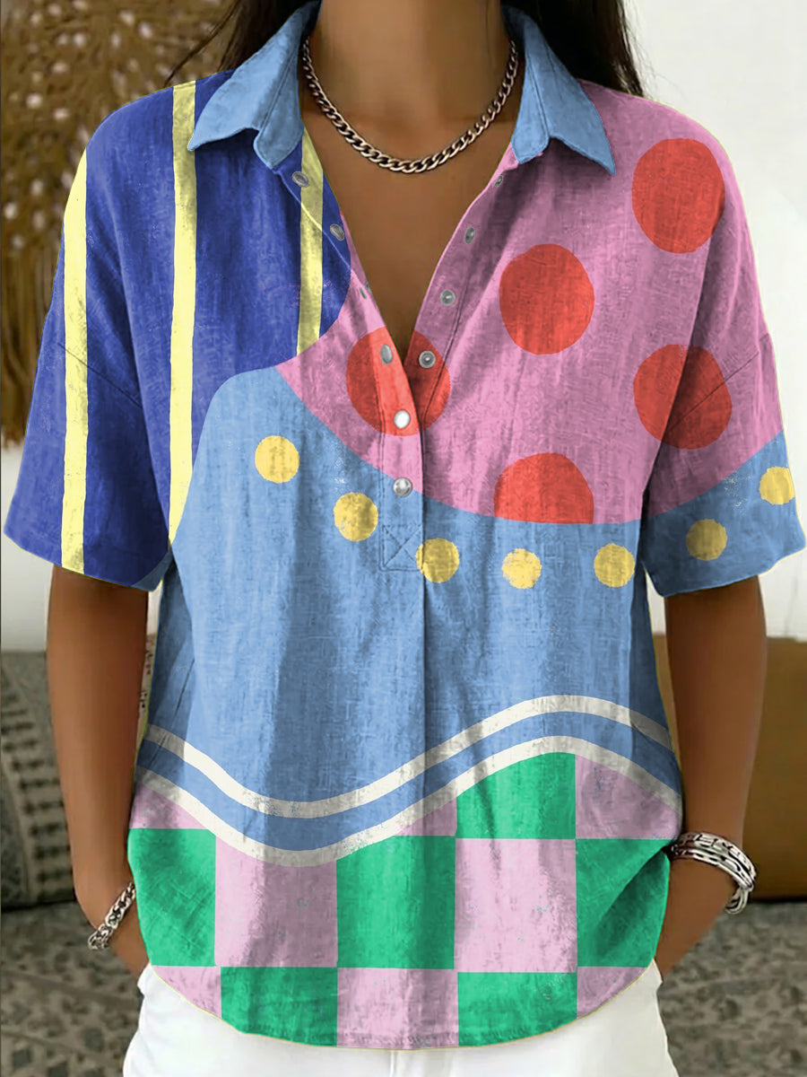 Women's Retro Color-block Artistic Print Cotton-linen Short-sleeve Shirt