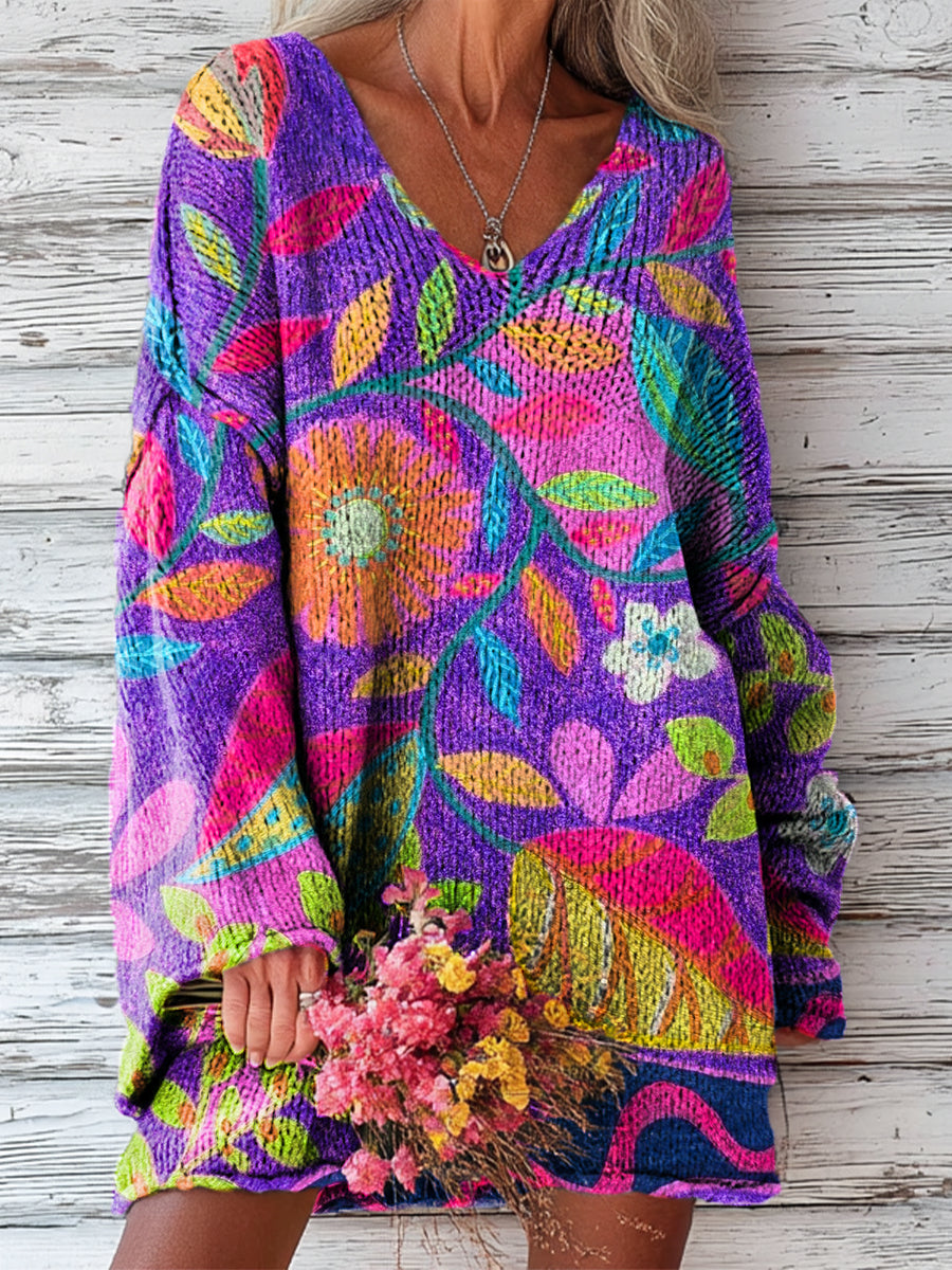 womens-beautiful-colorful-flowers-and-leaves-painting-art-print-casual-pullover-sweater