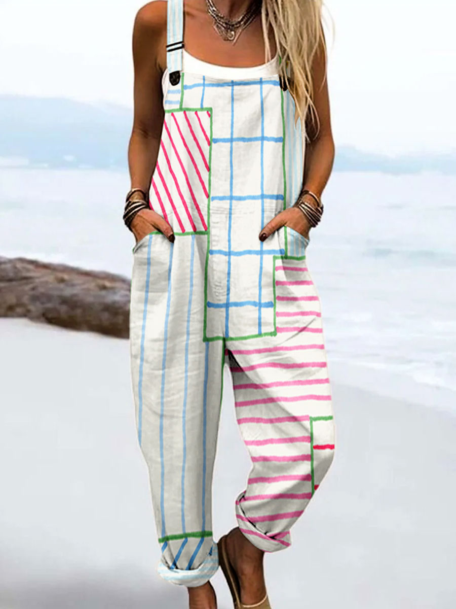 Women's Vintage Abstract Geometric Color Blocks Art Print Casual 100% Cotton Wide Leg Jumpsuit
