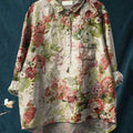 Women's Vintage Floral Art Print Casual Cotton And Linen Shirt