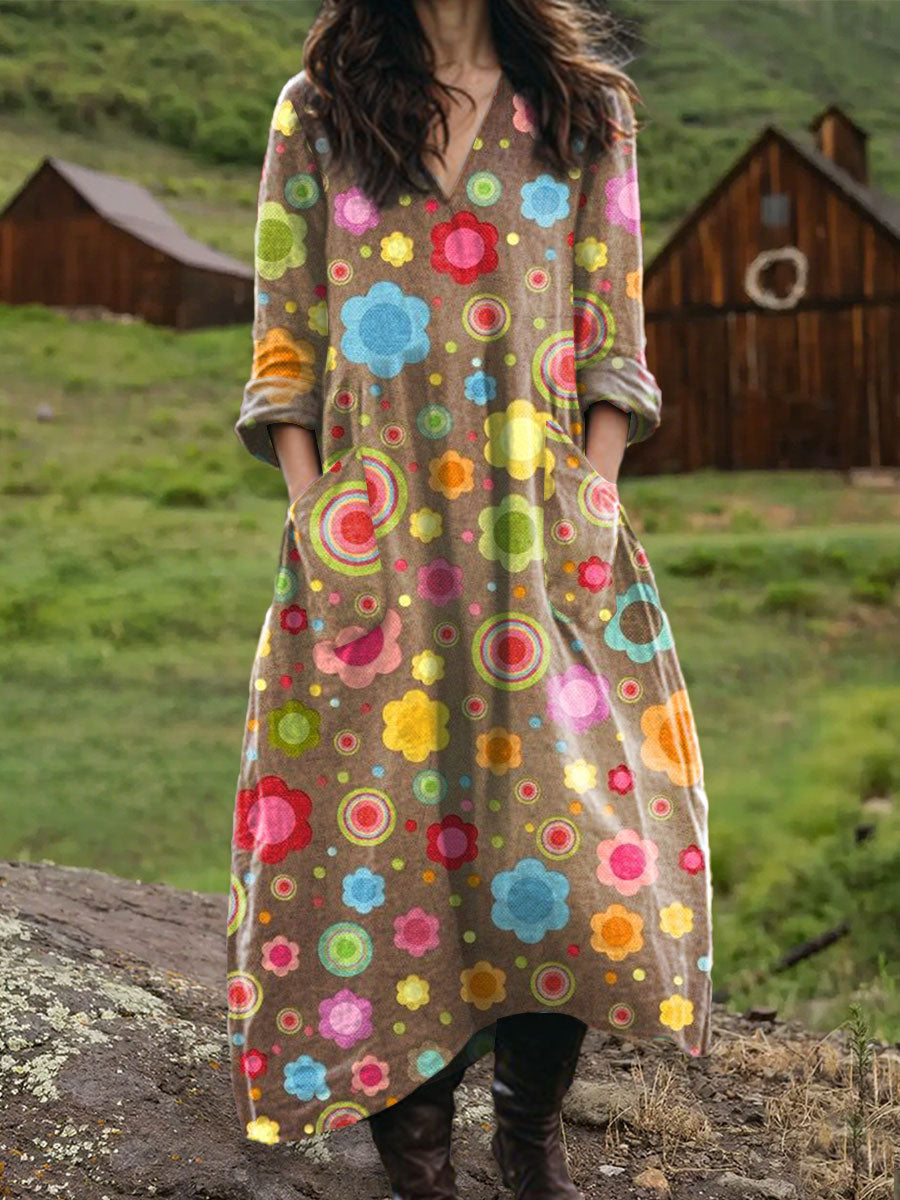 Women's Vintage Floral Art  Print Pocket V-neck Cotton Dress