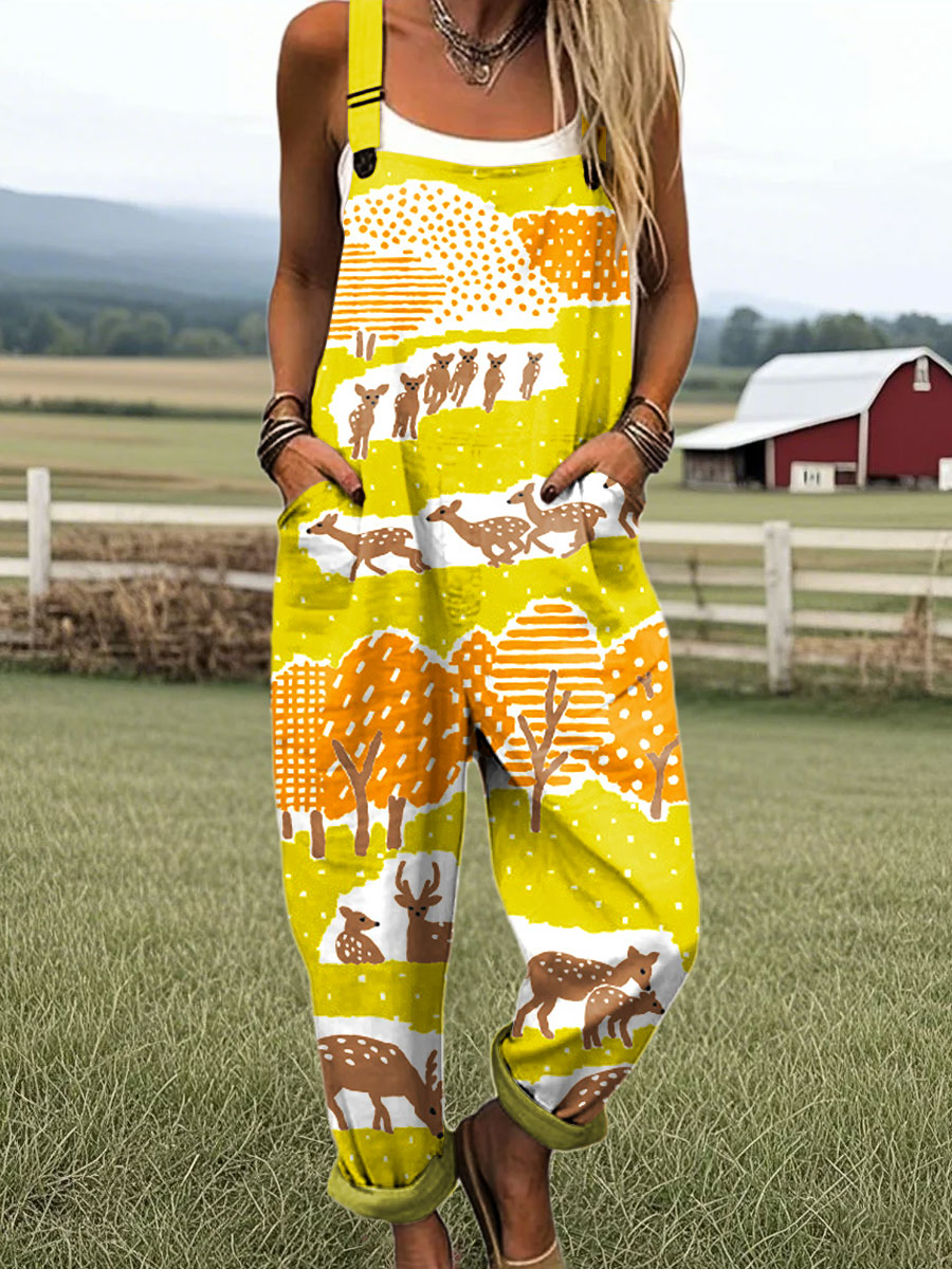 Women's Colorful Abstract Giraffe Art Print Casual Cotton Pocket Jumpsuit