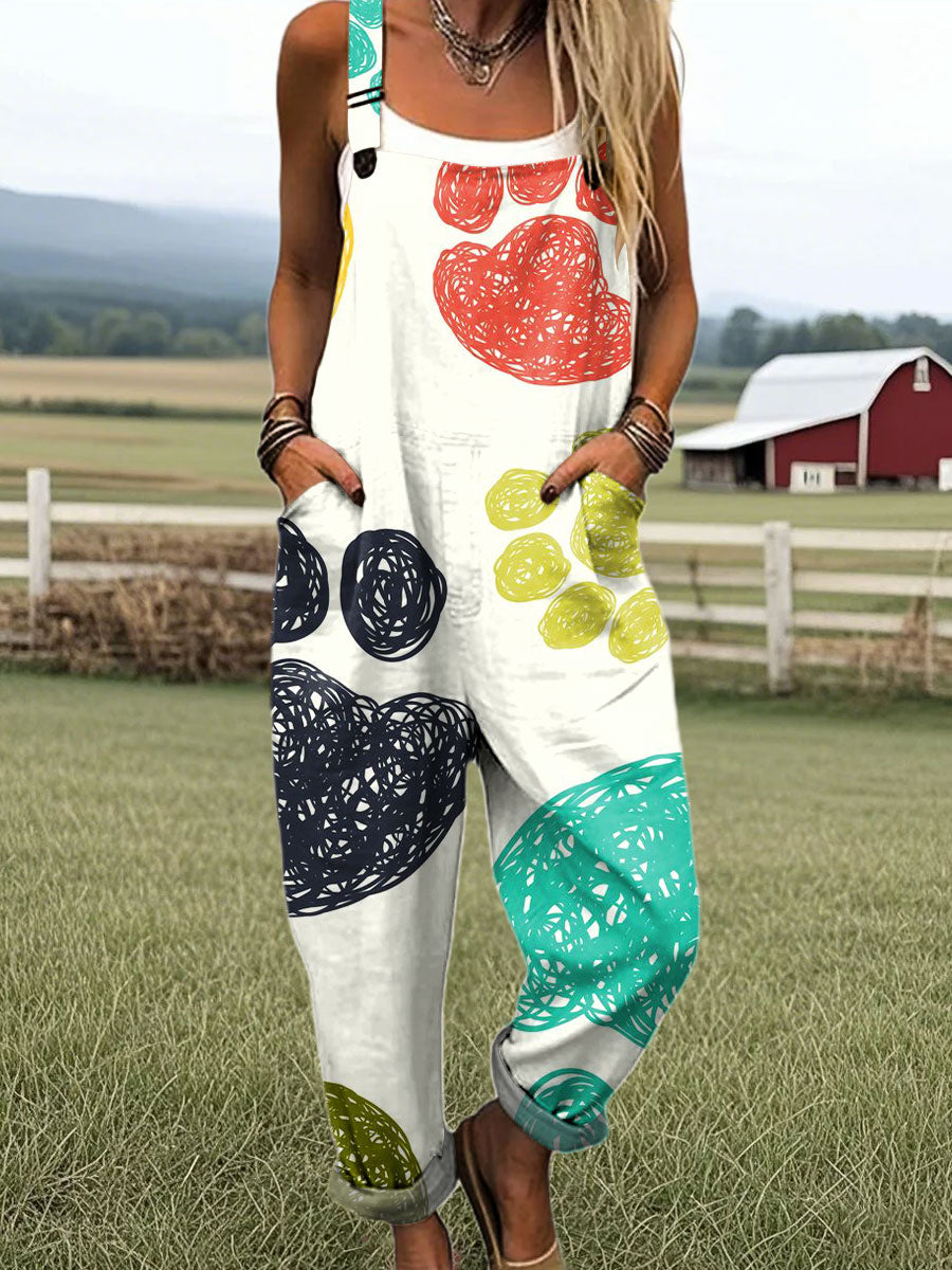 Women's Vintage Colorful Dog Paw Print Casual 100% Cotton Wide Leg Jumpsuit