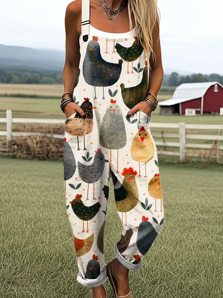Women's Vintage Cute Chicken Art Pattern Print Casual 100% Cotton Jumpsuit