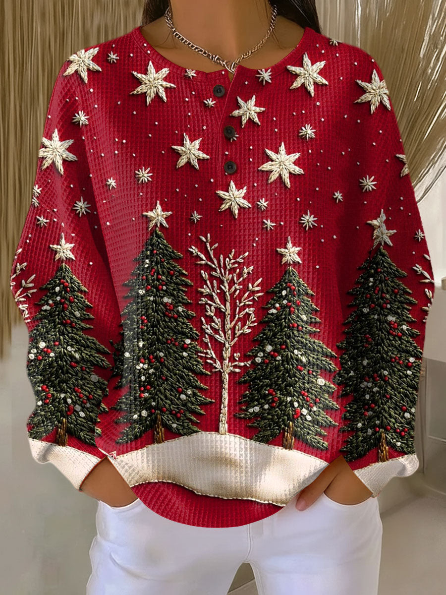 Women's Vintage Christmas Tree Art Print Casual Cotton Sweatshirt