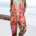 Women's Vintage Floral Art Print Casual 100% Cotton Wide Leg Jumpsuit