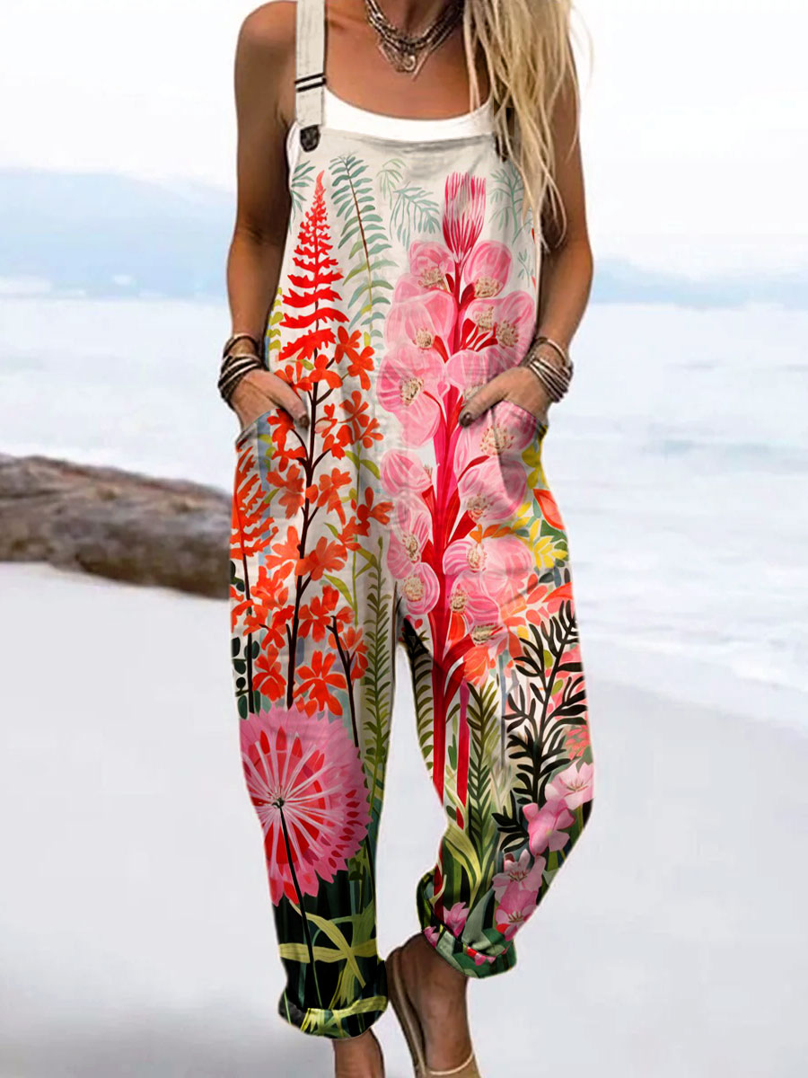 Women's Vintage Floral Art Print Casual 100% Cotton Wide Leg Jumpsuit