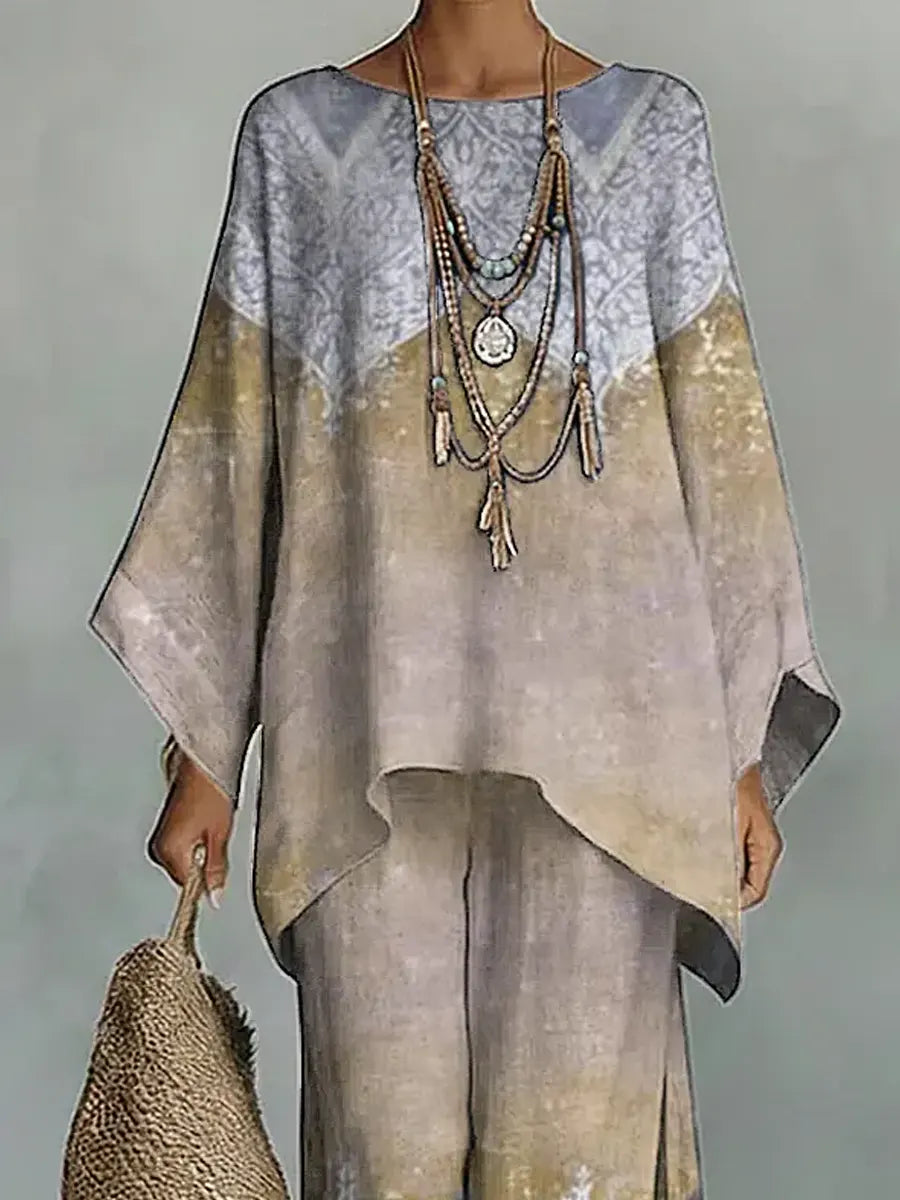 Women's Vintage Art Comfortable Loose Cotton Linen Wide-leg Pants Two-piece Set