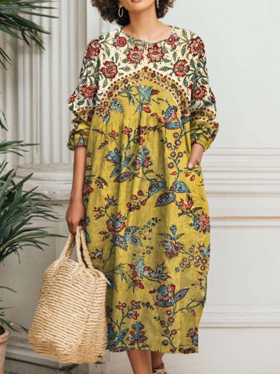 Women's Vintage Flower Art Print Pocket Cotton Dress