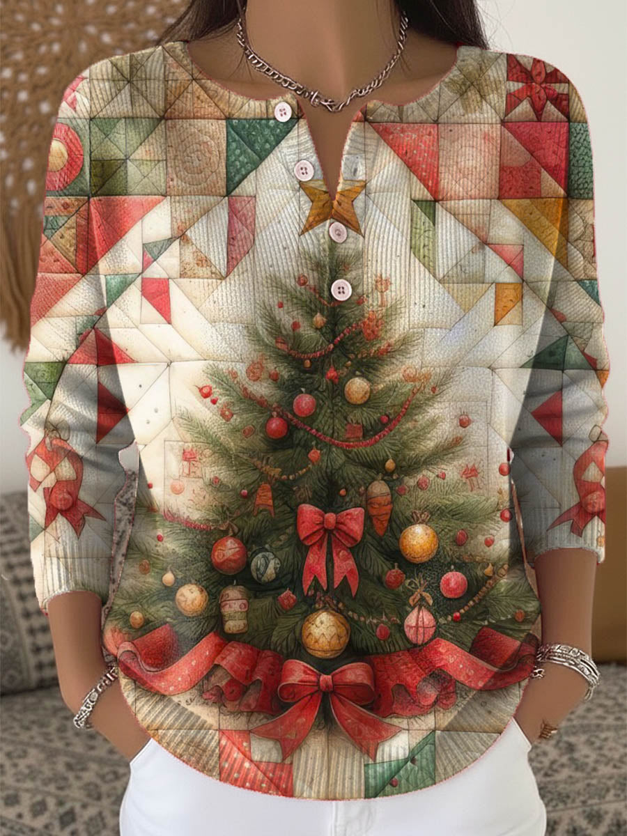 Women's Christmas Tree Art Print Buttoned Cardigan Sweater