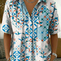 Women's Vintage Botanical Floral Casual Polo Collar Short-sleeved Linen And Cotton Shirt