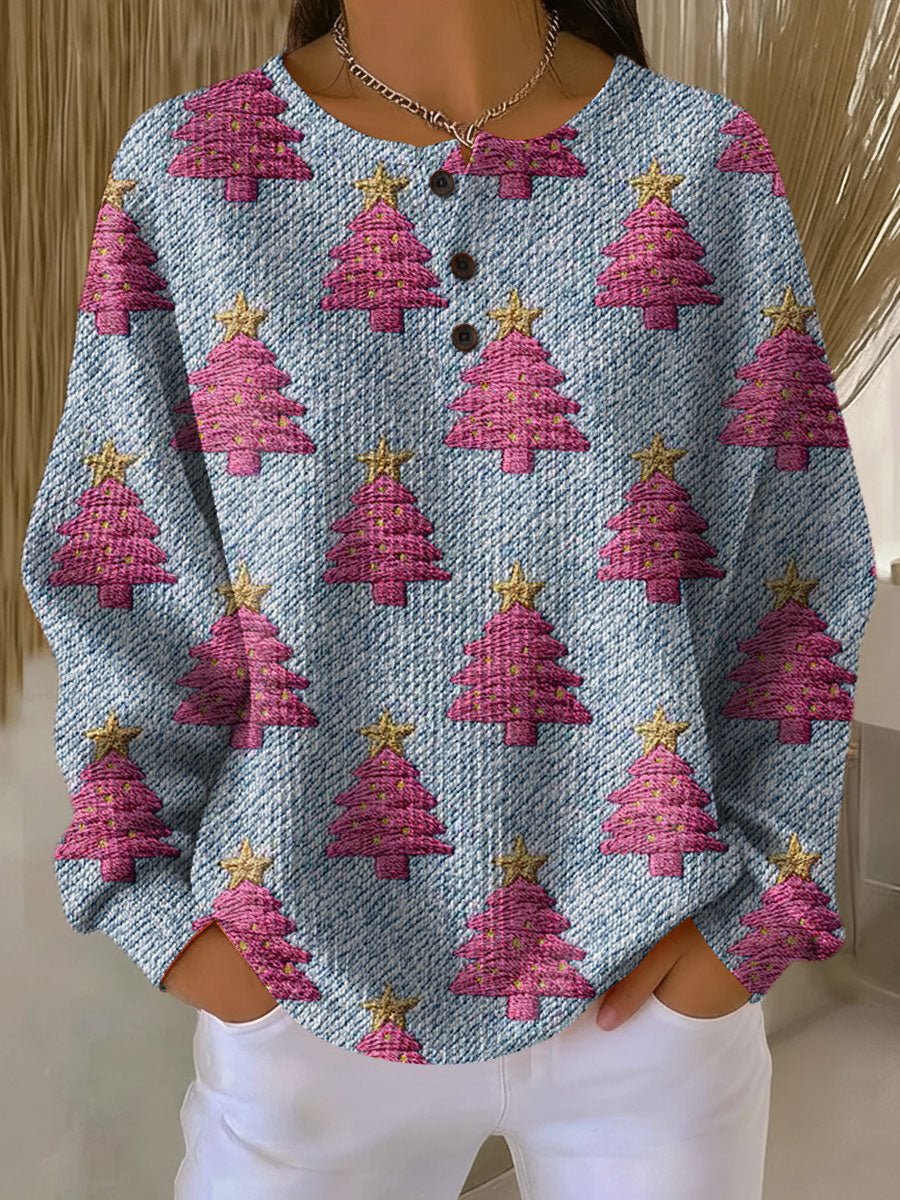 Women's Christmas Tree Pattern Art Print Casual Cotton Shirt