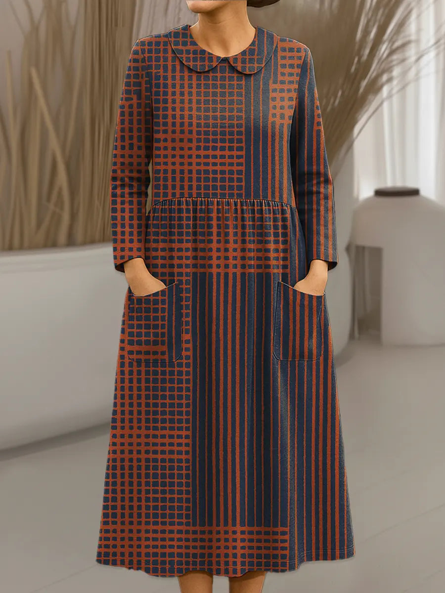 Women's Vintage Abstract Geometry Art Print Cotton Lapel Button-Down Shirt Dress