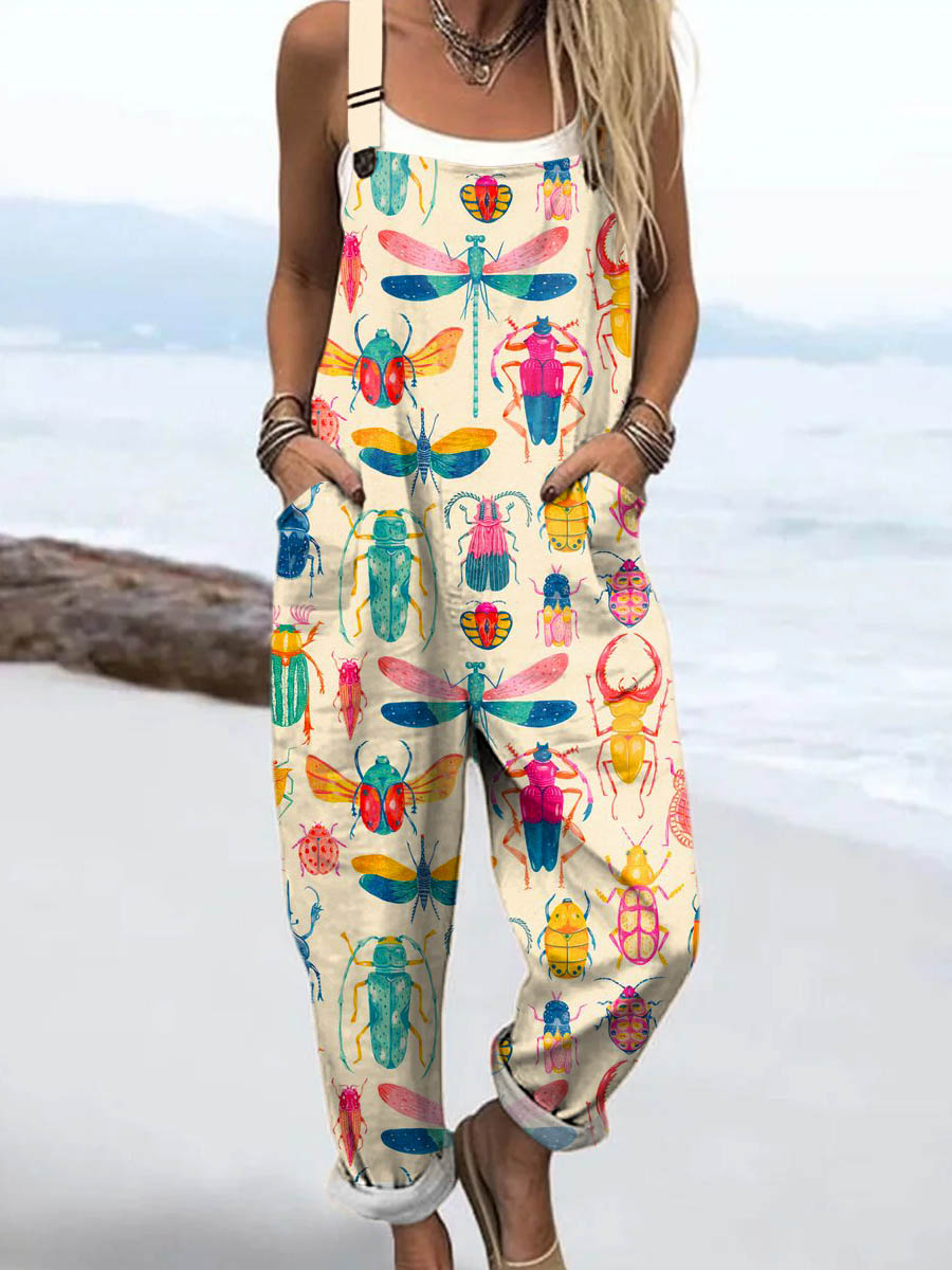 Women's Insects Pattern Art Print Casual 100% Cotton Wide Leg Jumpsuit