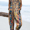 Women's Abstract Geometric Pattern Art Print Casual 100% Cotton Wide Leg Jumpsuit
