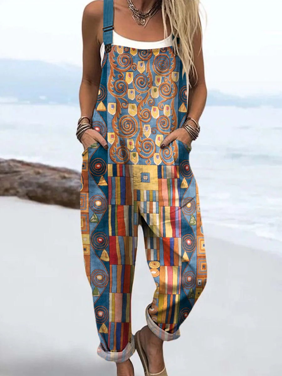Women's Abstract Geometric Pattern Art Print Casual 100% Cotton Wide Leg Jumpsuit