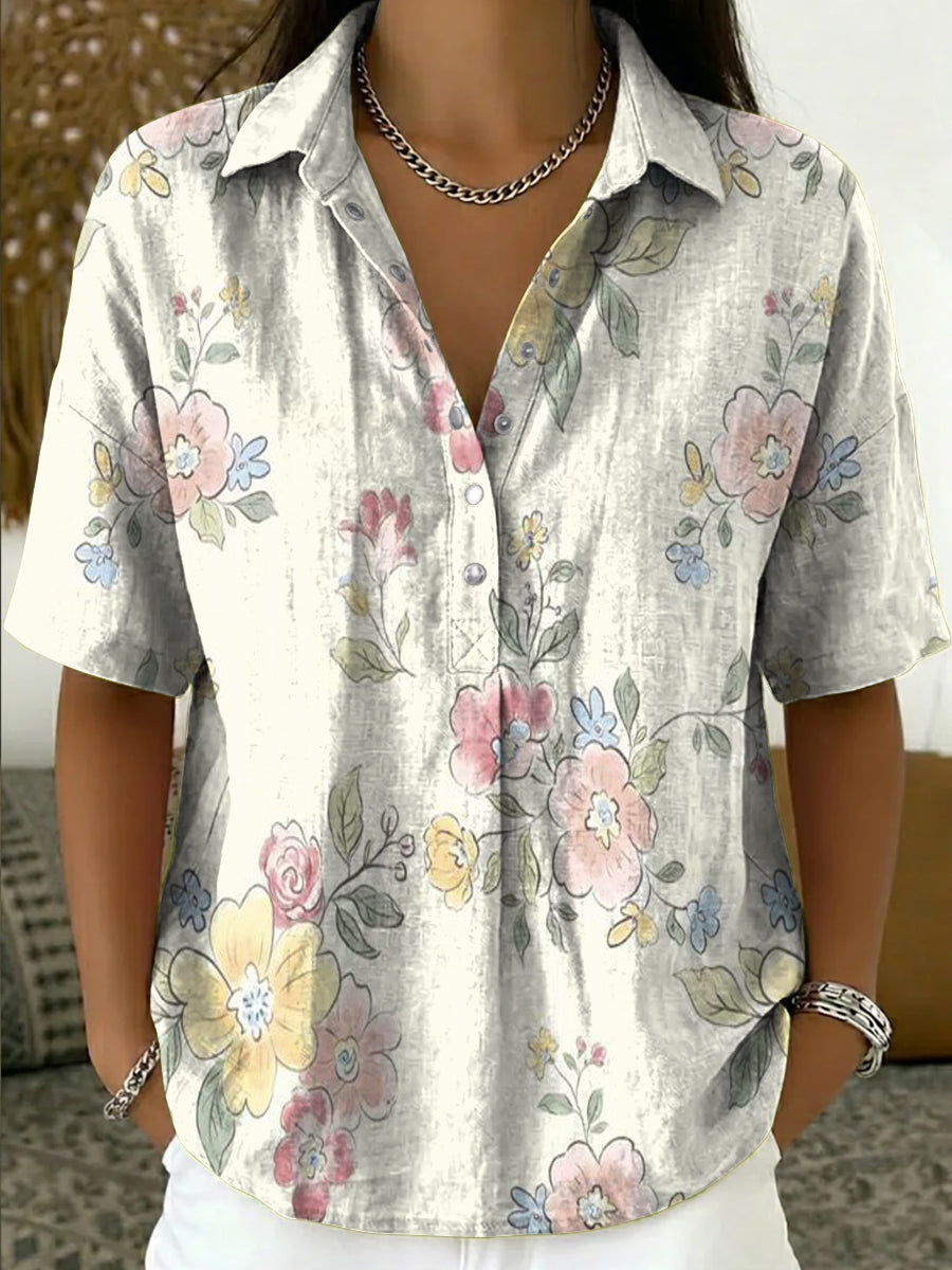 Women's Vintage Floral Art Print Cotton-linen Short-sleeve Shirt