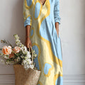 Women's Contrasting Color Lines And Blocks Print Linen Pocket Dress
