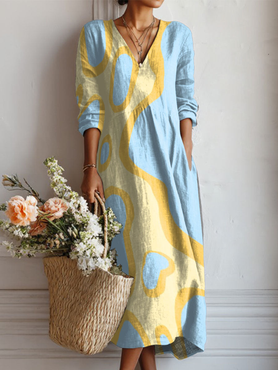 Women's Contrasting Color Lines And Blocks Print Linen Pocket Dress