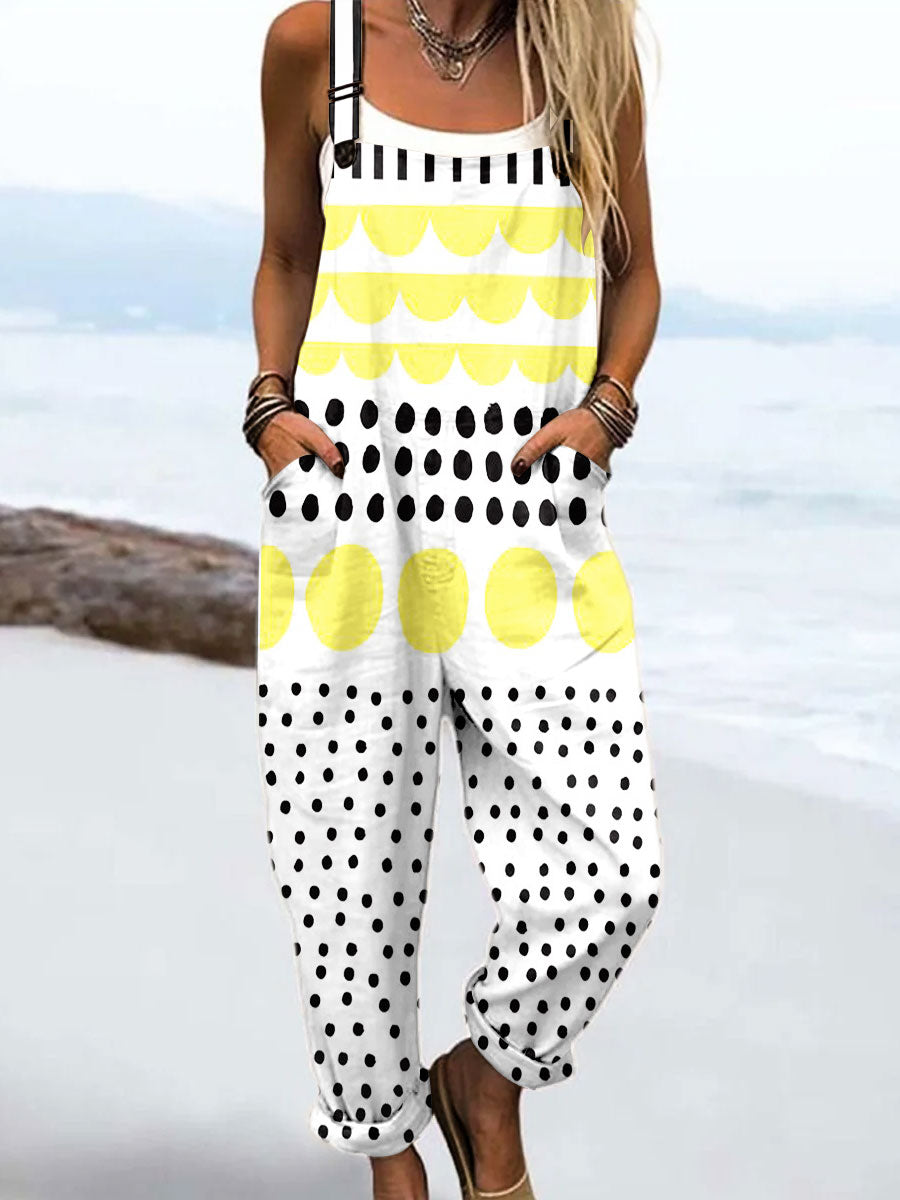 Women's Vintage Abstract Geometric Line Art Print Casual 100% Cotton Wide Leg Jumpsuit