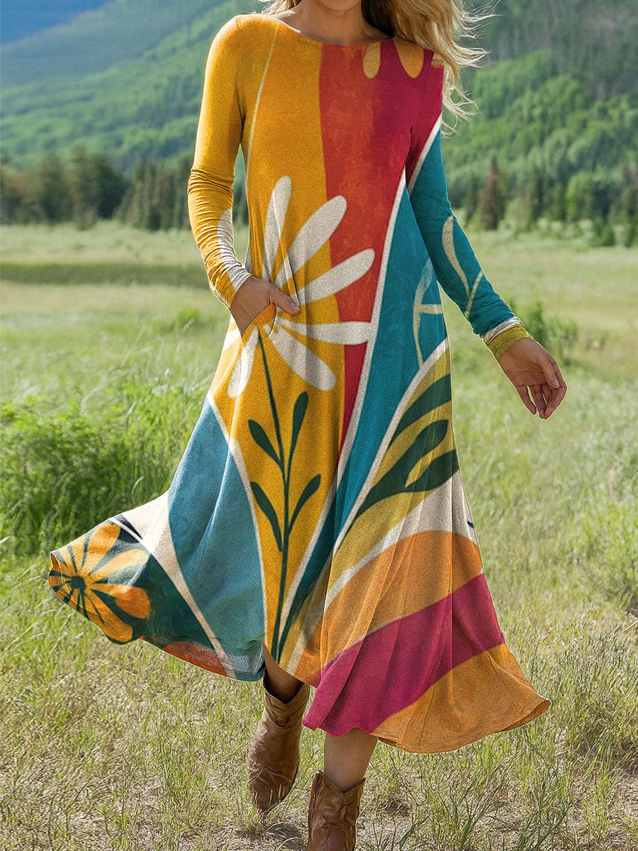 Women's Vintage Flower Art Print Long-sleeved Dress