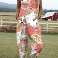 Women's Vintage  Flowers Bees  Art Print Casual 100% Cotton Wide Leg Jumpsuit