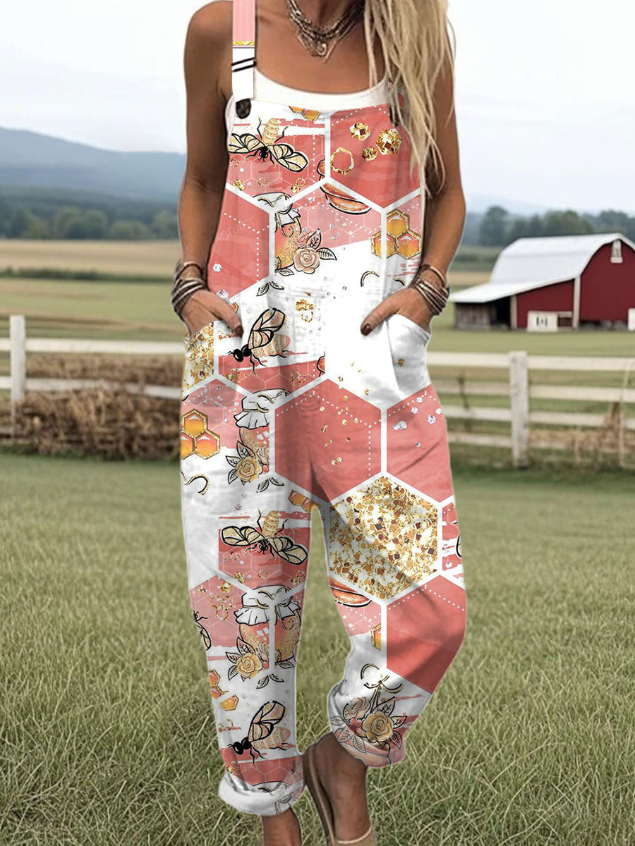 Women's Vintage  Flowers Bees  Art Print Casual 100% Cotton Wide Leg Jumpsuit