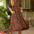 Women's Comfortable Plaid Print Shirt Midi Dress