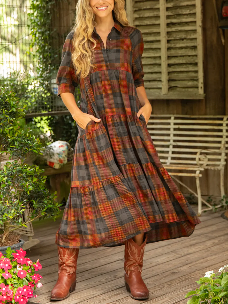 Women's Comfortable Plaid Print Shirt Midi Dress