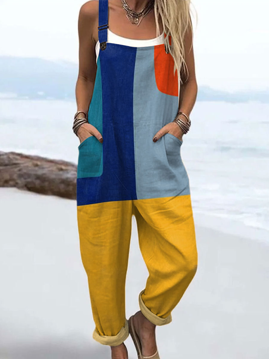 Women's Vintage Abstract Geometric Art Print Casual 100% Cotton Wide Leg Jumpsuit