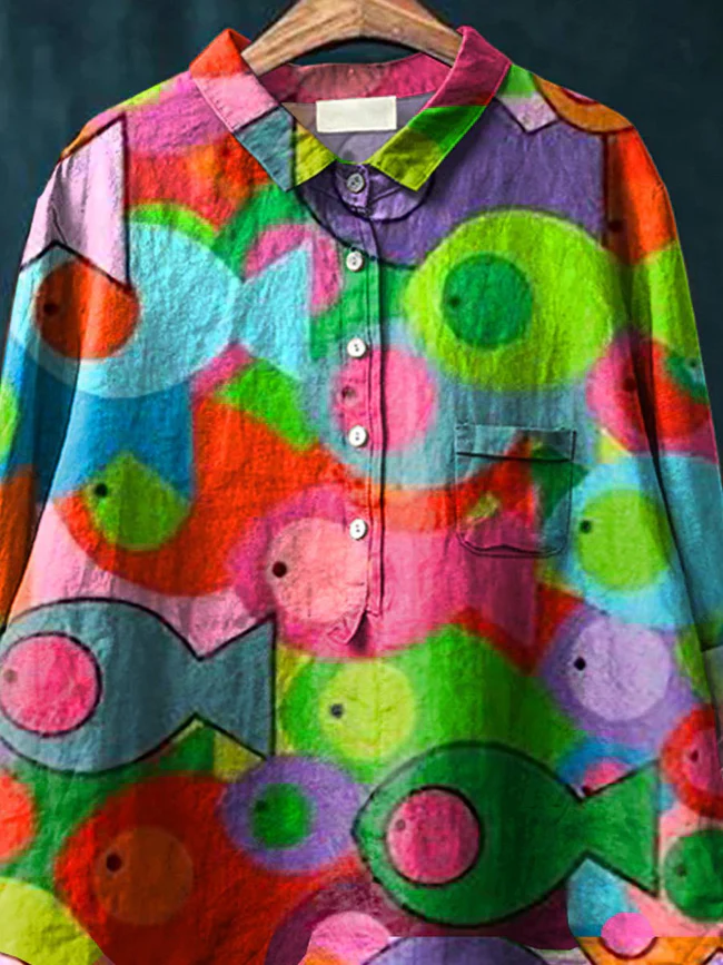 Colorful Sardine Fish Pattern Printed Women's Casual Cotton And Linen Shirt