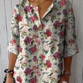 Vintage Style Peony And Butterfly Pattern Printed Women's Casual Cotton Linen Shirt