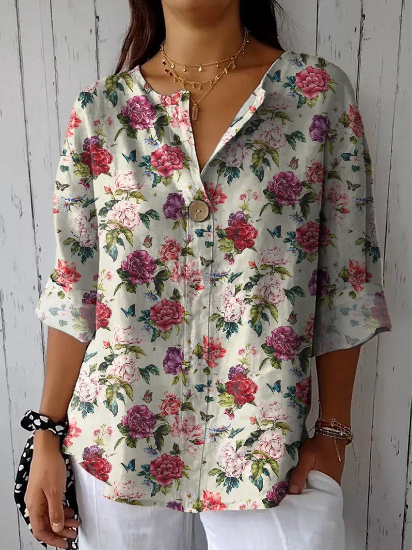 Vintage Style Peony And Butterfly Pattern Printed Women's Casual Cotton Linen Shirt