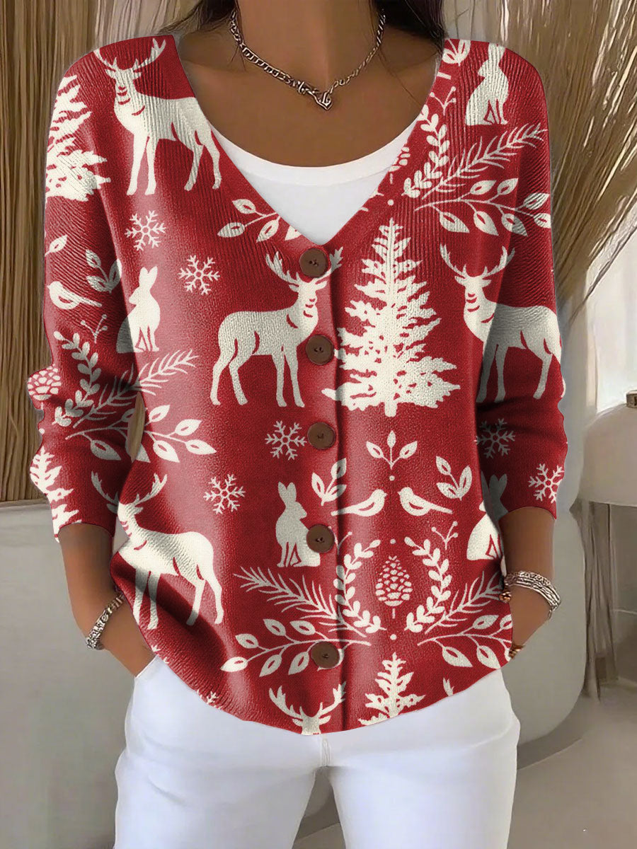 christmas-tree-elk-print-buttoned-v-neck-cardigan-sweater