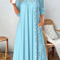 Light Blue Patchwork A Line 3/4 Sleeve Dress