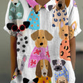 Women's Retro Lapel Cartoon Puppy Pattern Casual Cotton Linen Short Sleeve Shirt
