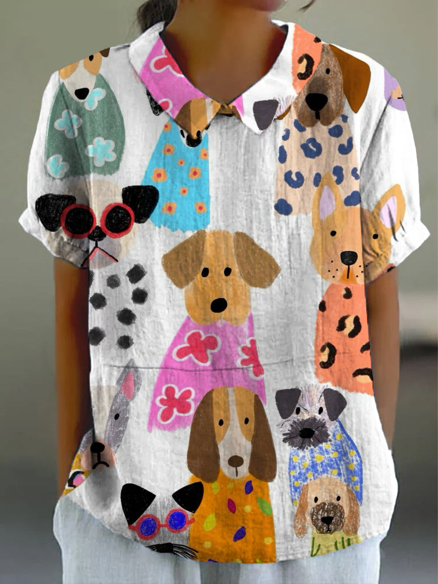 Women's Retro Lapel Cartoon Puppy Pattern Casual Cotton Linen Short Sleeve Shirt