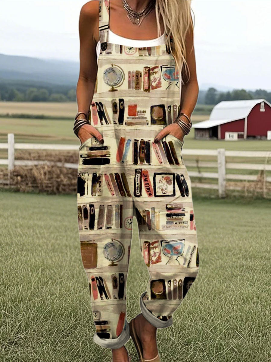 Women's Vintage Bookshelf Art Print Casual 100% Cotton Wide Leg Jumpsuit