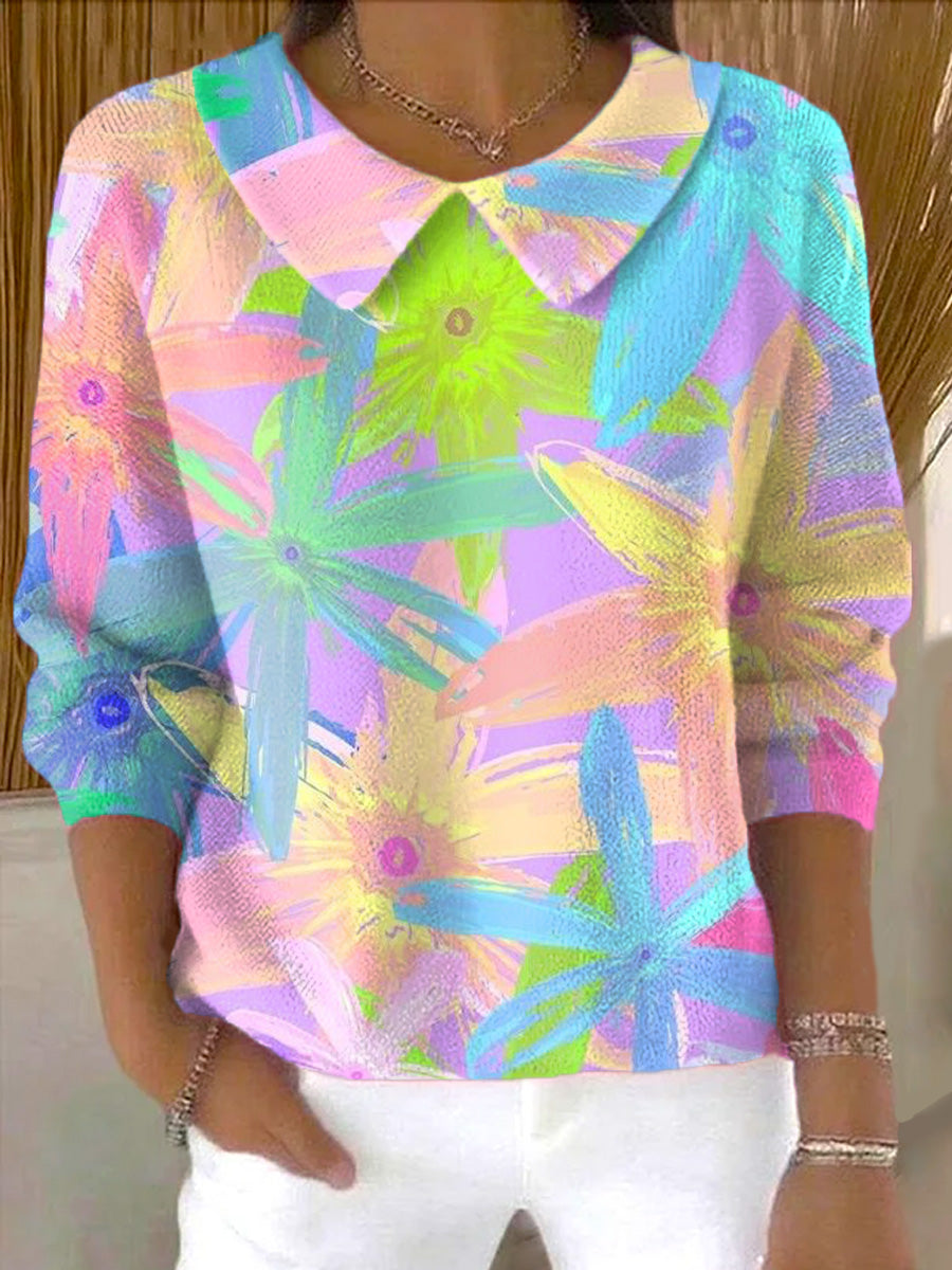 womens-beautiful-colorful-flower-painting-art-print-casual-peter-pan-collar-3-4-sleeve-sweater-dh48