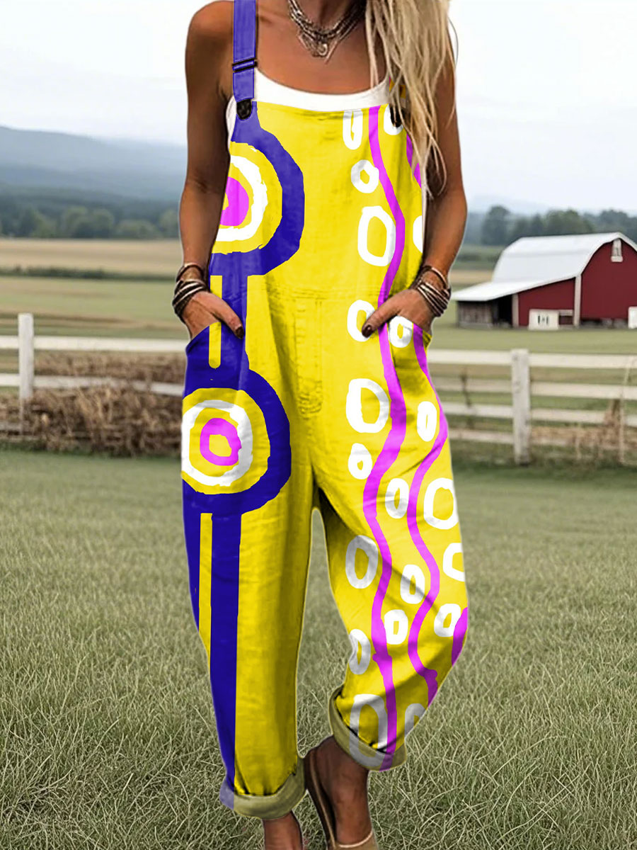 Women's Colorblock Geometric Art Print Casual 100% Cotton Wide Leg Jumpsuit