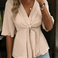 Women's V-neck Tie-waist Loose Fit 100% Cotton Short-sleeved T-shirt