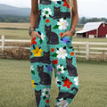 Women's  Funny Cats Flower Art Print Casual 100% Cotton Wide Leg Jumpsuit