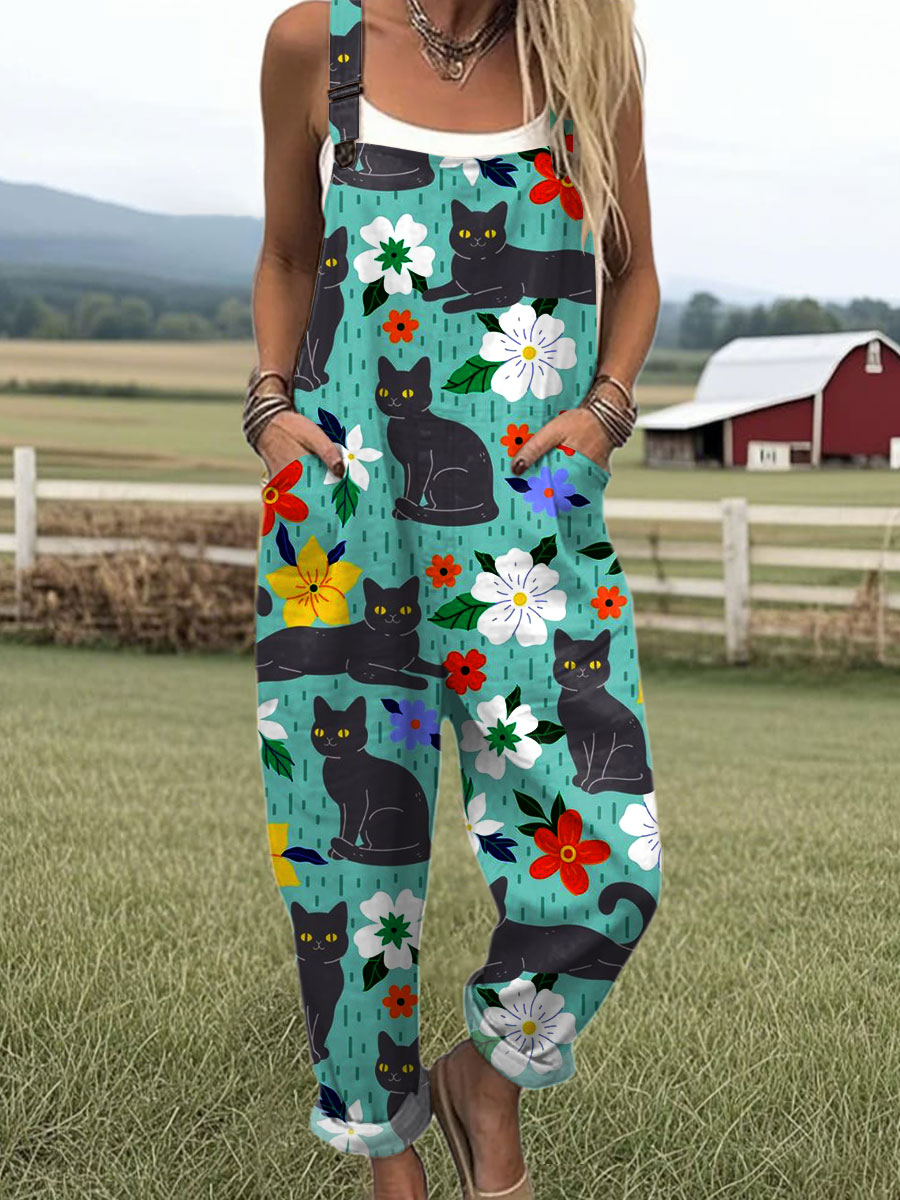 Women's  Funny Cats Flower Art Print Casual 100% Cotton Wide Leg Jumpsuit
