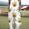 Women's  Funny Flower Bee  Art Print Casual 100% Cotton Wide Leg Jumpsuit