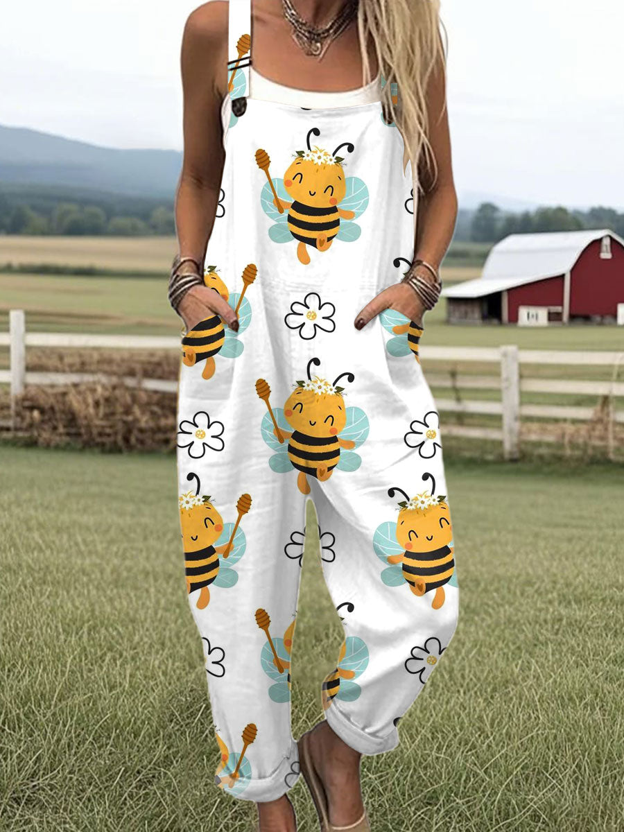 Women's  Funny Flower Bee  Art Print Casual 100% Cotton Wide Leg Jumpsuit